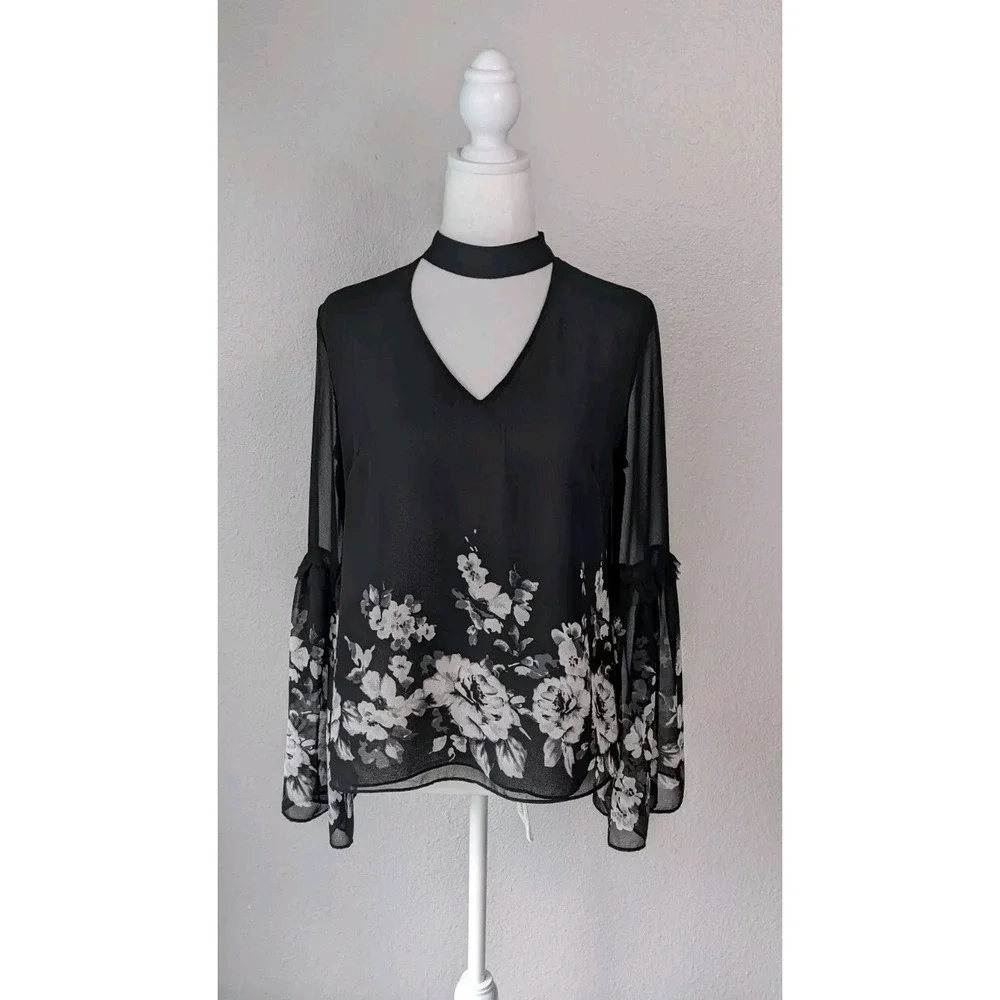White House Black Market WHBM sz 2 Black Floral Choker Neck Blouse Top Career #6 - Picture 3 of 10